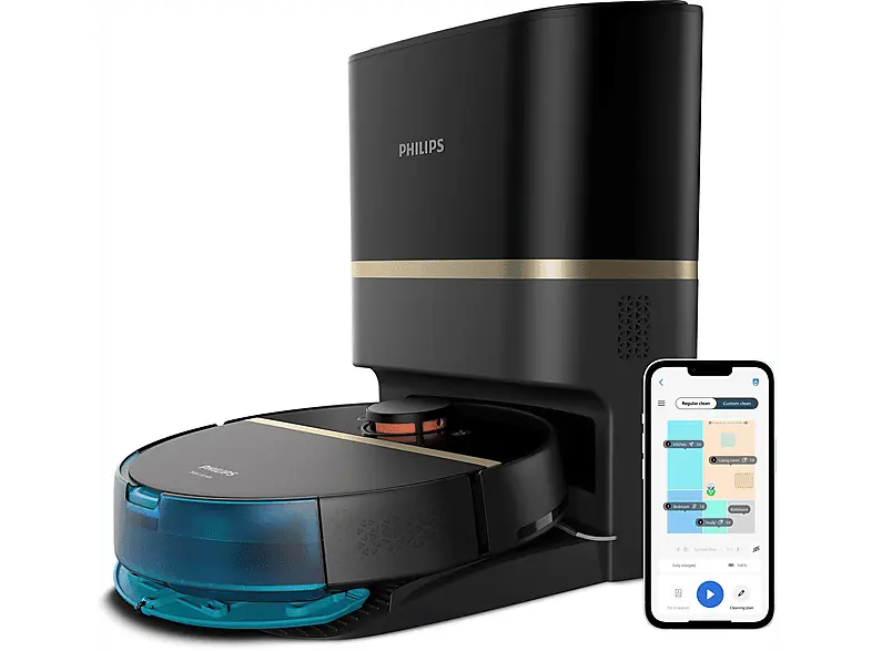 Philips XU7100/01 HomeRun 7000 Series Aqua Saug- und Wischroboter inkl. Entleerungsstation (Tiefschwarz, Laufzeit: Bis zu 180 Minuten, 65 dB(A))