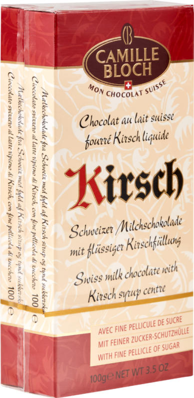 Tavoletta di cioccolata Camille Bloch, ripiena con Kirsch liquido, 2 x 100 g