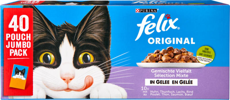 Cibo per gatti Selezione mista in gelatina Original Felix, assortiti: Pollo, Tonno, Salmone, Manzo, 40 x 85 g