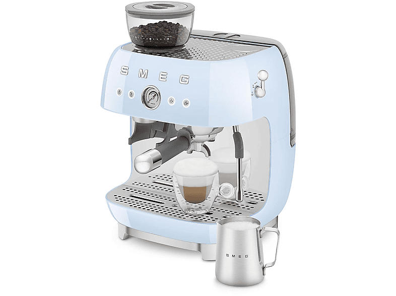 Smeg EGF 03 PBEU 50's Style Espressomaschine mit Siebträger (Pastellblau, Edelstahlmahlwerk/Kegel, 1650 Watt, 20 bar)