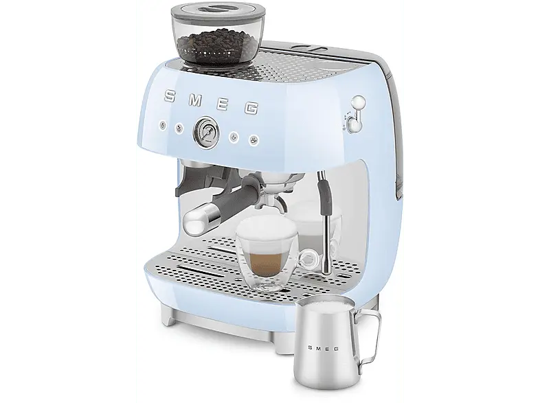 Smeg EGF 03 PBEU 50's Style Espressomaschine mit Siebtr&auml;ger (Pastellblau, Edelstahlmahlwerk/Kegel, 1650 Watt, 20 bar)