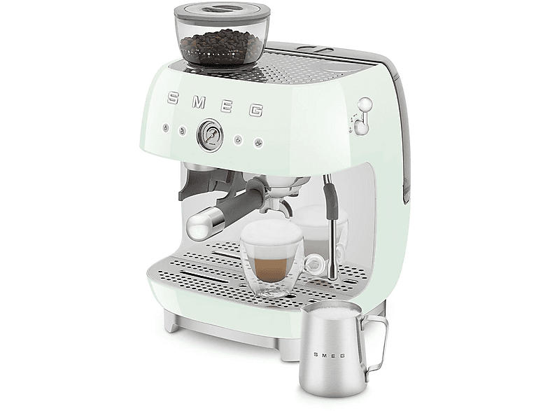 Smeg EGF 03 PGEU 50's Style Espressomaschine mit Siebträger (Pastellgrün, Edelstahlmahlwerk/Kegel, 1650 Watt, 20 bar)