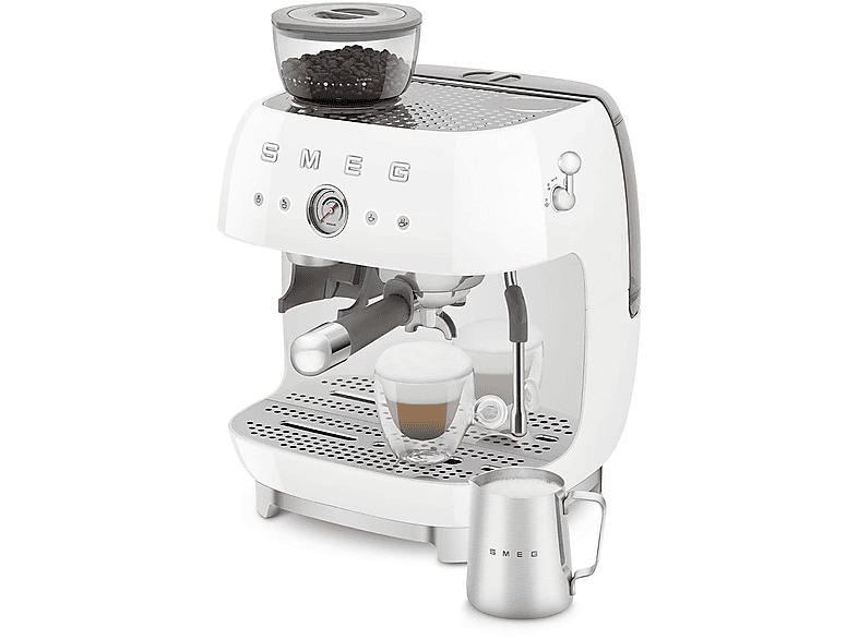 Smeg EGF 03 WHEU 50's Style Espressomaschine mit Siebträger (Weiß, Edelstahlmahlwerk/Kegel, 1650 Watt, 20 bar)