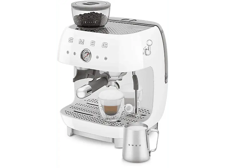 Smeg EGF 03 WHEU 50's Style Espressomaschine mit Siebtr&auml;ger (Wei&szlig;, Edelstahlmahlwerk/Kegel, 1650 Watt, 20 bar)