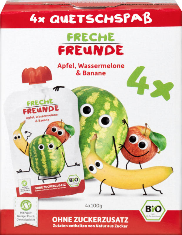 Sachets à presser bio Freche Freunde, Apfel, Wassermelone & Banane, 4 x 100 g