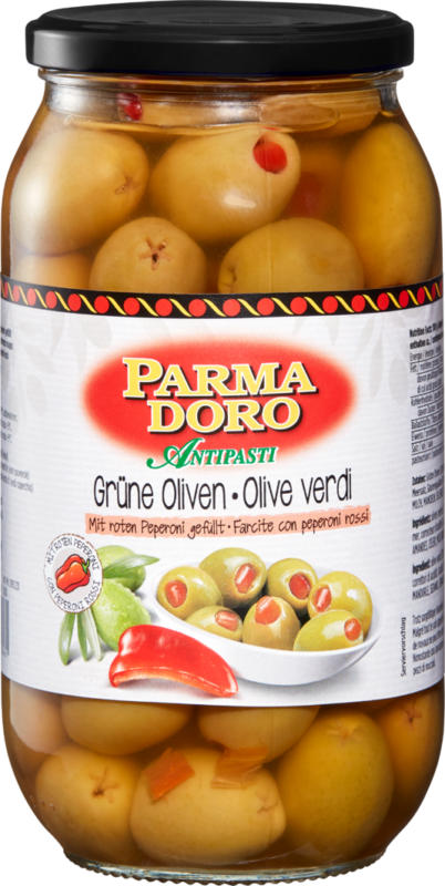 Parmadoro Grüne Oliven gefüllt mit roten Peperoni, 600 g