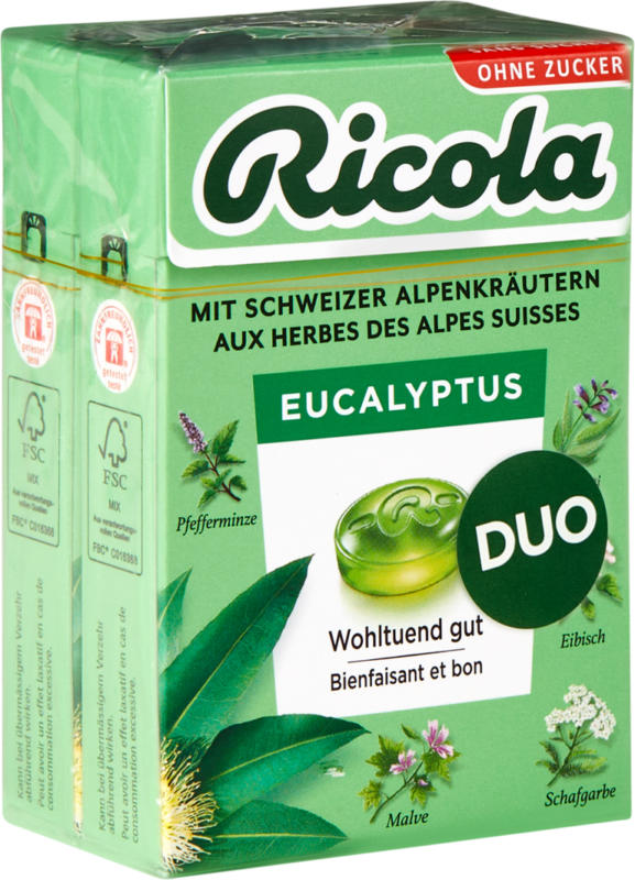 Bonbons aux herbes Eucalyptus Ricola, sans sucre, 2 x 50 g