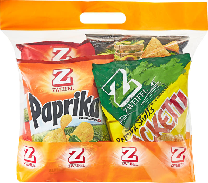 Zweifel Snacks, assortis: Snacketti Paprika Shells, Paprika Chips, Nature Chips, Corn Chips Original, 1 sac