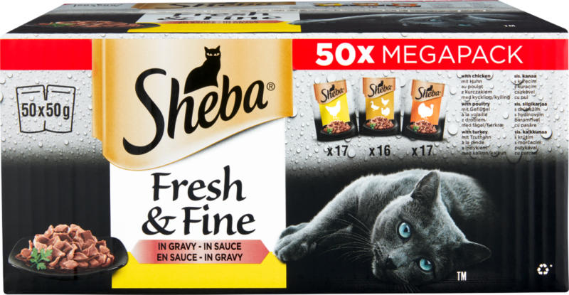 Nourriture pour chats Fresh & Fine Sheba , en sauce, sélection à la volaille, 50 x 50 g