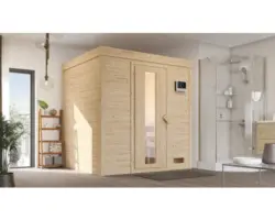Massivholzsauna Karibu Cosmina inkl.3,6 kW Ofen u.ext.Steuerung mit Holztüre und Isolierglas wärmegedämt