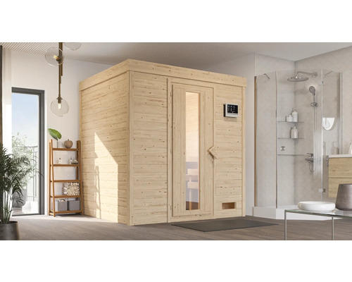 Massivholzsauna Karibu Cosmina inkl.3,6 kW Ofen u.integr.Steuerung mit Holztüre und Isolierglas wärmegedämt