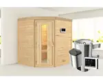 Hornbach Massivholzsauna Karibu Maxina inkl.3,6 kW Ofen u.ext.Steuerung mit Holztüre und Isolierglas wärmegedämt
