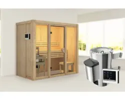 Elementsauna Karibu Avarni 2 inkl. 3,6 kW Ofen u.ext.Steuerung ohne Dachkranz mit bronzierter Ganzglastüre