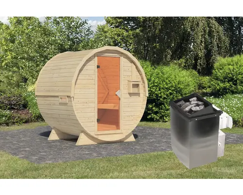 Fasssauna Karibu Rondi 1 inkl. 9 kW Ofen u.integr. Steuerung mit Holztüre und Isolierglas wärmegedämt
