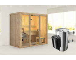 Elementsauna Karibu Avarni 2 inkl. 3,6 kW Ofen u.integr.Steuerung ohne Dachkranz mit bronzierter Ganzglastüre