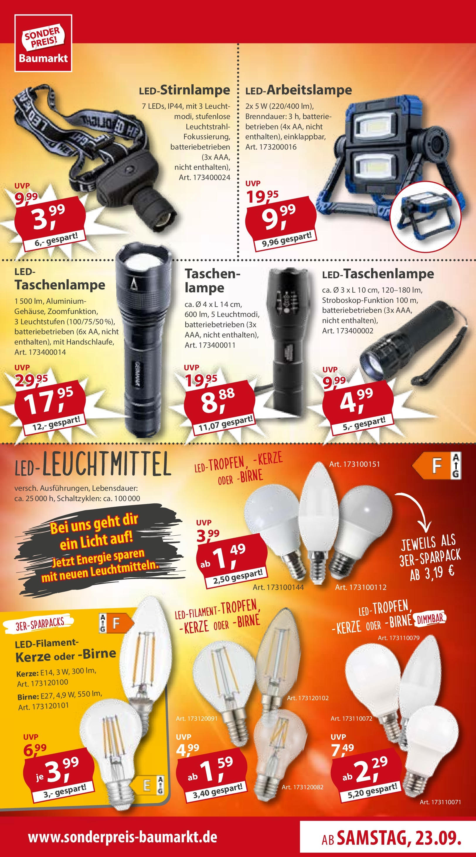 Sonderpreis Baumarkt Prospekt 	 (ab 23.09.2023) zum Blättern | Seite: 15 | Produkte: Birne, Batterie, Lampe