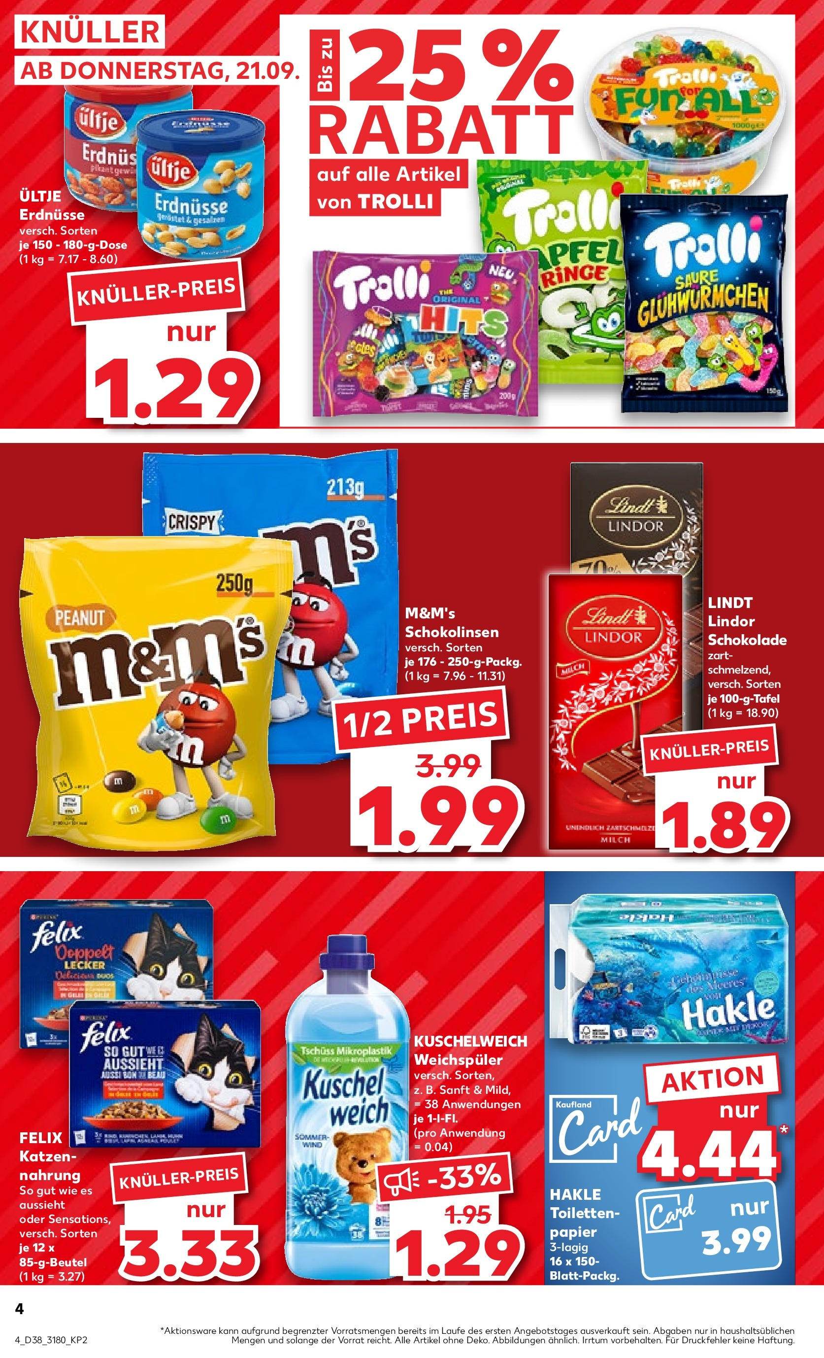 Kaufland Prospekt 	 (ab 21.09.2023) » Angebote Online zum Blättern | Seite: 4 | Produkte: Weichspüler, Erdnüsse, Milch, Schokolade