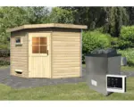 Hornbach Saunahaus Karibu Rubin 3 inkl.9 kW Ofen u.ext.Steuerung und Holztüre mit Isolierglas wärmegedämmt