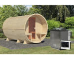 Hornbach Fasssauna Karibu Rondi 3 inkl. 9 kW Bio Ofen u.ext. Steuerung mit Holztüre und Isolierglas wärmegedämt