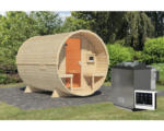 Hornbach Fasssauna Karibu Rondi 2 inkl. 9 kW Bio Ofen u.ext. Steuerung mit Holztüre und Isolierglas wärmegedämt