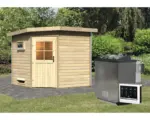 Hornbach Saunahaus Karibu Rubin 3 inkl.9 kW Bio Ofen u.ext.Steuerung und Holztüre mit Isolierglas wärmegedämmt