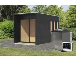 Saunahaus Karibu Miramor inkl.9 kW Bio Ofen u.ext.Steuerung mit Vordach und Holztüre mit Isolierglas wärmegedämt schwarz