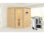 Hornbach Massivholzsauna Karibu Maxina inkl.3,6 kW Bio Ofen u.ext.Steuerung mit Holztüre und Isolierglas wärmegedämt