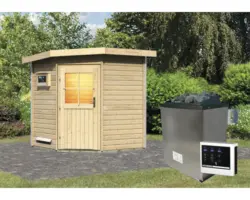 Saunahaus Karibu Rubin 1 inkl.9 kW Ofen u.ext.Steuerung und Holztüre mit Isolierglas wärmegedämmt