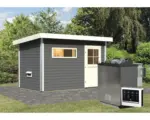 Hornbach Saunahaus Topas 1 inkl.9kW Bio Ofen u.ext.Steuerung mit Vorraum und bronzierter Ganzglastüre terragrau/weiß
