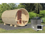 Hornbach Fasssauna Karibu Rondi 3 inkl. 9 kW Ofen u.ext. Steuerung mit Holztüre und Isolierglas wärmegedämt