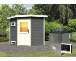 Hornbach Saunahaus Karibu Rubin 1 inkl.9 kW Ofen u.ext.Steuerung und Holztüre mit Isolierglas wärmegedämmt terragrau/weiß