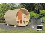 Hornbach Fasssauna Karibu Rondi 2 inkl. 9 kW Ofen u.ext. Steuerung mit Holztüre und Isolierglas wärmegedämt