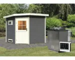 Hornbach Saunahaus Karibu Rubin 3 inkl.9 kW Bio Ofen u.ext.Steuerung und Holztüre mit Isolierglas wärmegedämmt terragrau/weiß