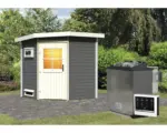 Hornbach Saunahaus Karibu Rubin 1 inkl.9 kW Bio Ofen u.ext.Steuerung und Holztüre mit Isolierglas wärmegedämmt terragrau/weiß
