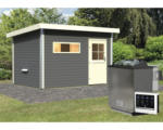 Hornbach Saunahaus Topas 2 inkl.9kW Bio Ofen u.ext.Steuerung mit Vorraum und bronzierter Ganzglastüre terragrau/weiß