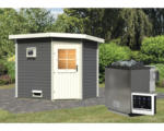Hornbach Saunahaus Karibu Rubin 2 inkl.9 kW Bio Ofen u.ext.Steuerung und Holztüre mit Isolierglas wärmegedämmt terragrau
