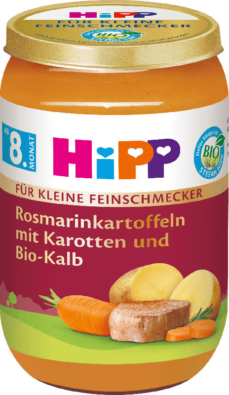 Hipp Für kleine Feinschmecker Menü Rosmarinkartoffeln mit Karotten und Bio-Kalb