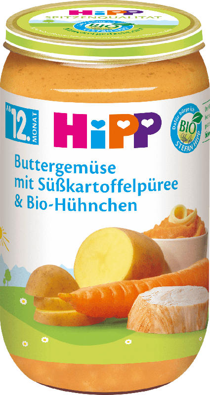 Hipp Menü Buttergemüse, Süßkartoffelpüree und Bio-Hühnchen