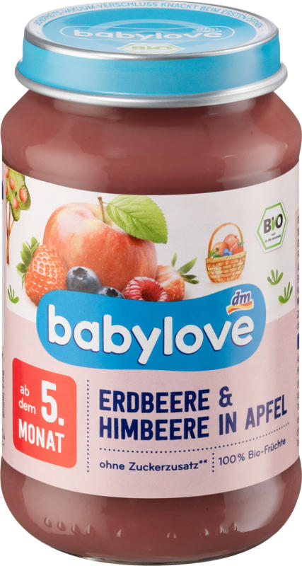 babylove Fruchtbrei Erdbeere & Himbeere in Apfel