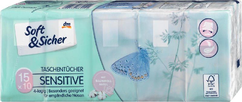Soft&Sicher Taschentücher Sensitive 4-lagig (15x10 Blatt)
