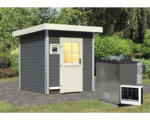 Hornbach Saunahaus Karibu Opal 2 inkl.9 kW Bio Ofen u.ext.Steuerung und Holztüre mit Isolierglas wärmegedämmt terragrau/weiß