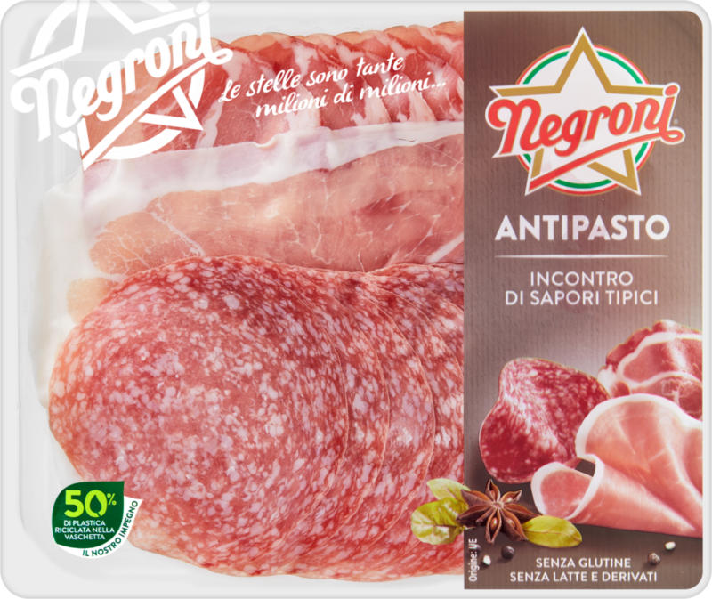 Piatto di antipasti Negroni , assortiti: salame tipo Milano, prosciutto crudo italiano, coppa Europa, 120 g