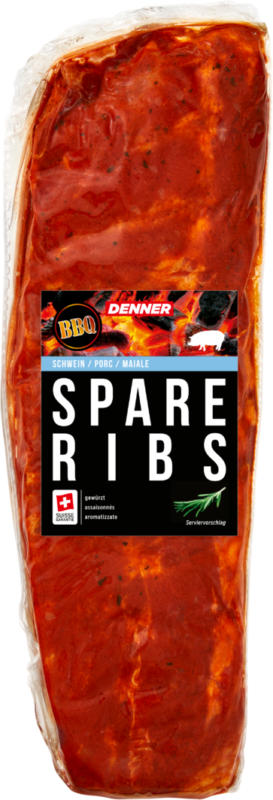 Spare Ribs BBQ Denner , Porc, assaisonnés, env. 600 g, les 100 g