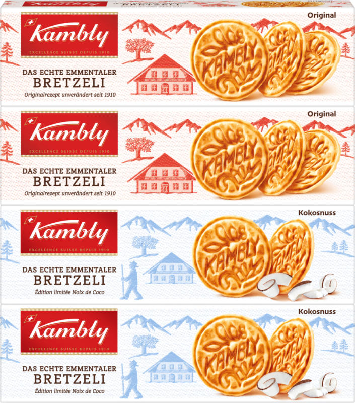 Kambly Bretzeli, assortiert: 2 x Original, 2 x Kokosnuss, 4 x 115 g