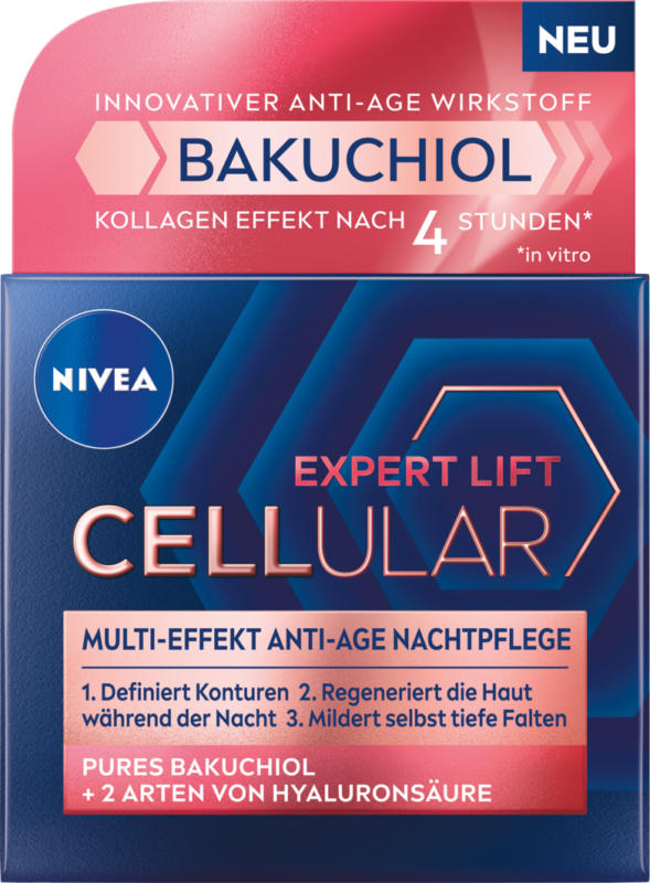 Soin de nuit anti-âge Expert Lift Cellular Nivea, Bakuchiol pur & 2 types d’acide hyaloron, 50 ml