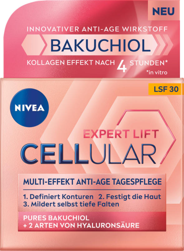 Soin de jour anti-âge FPS 30 Expert Lift Cellular Nivea, Bakuchiol pur & 2 types d’acide hyaloron, 50 ml