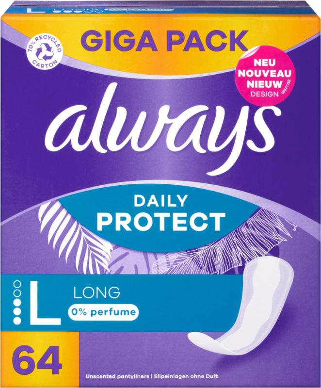 Protège-slips Daily Protect Always, Long, non parfumé, 64 pièces