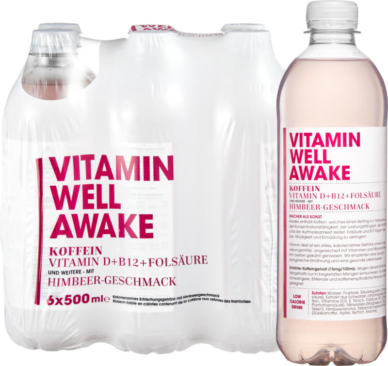 Vitamin Well Awake , Goût Framboise, non gazeuse, 6 x 50 cl