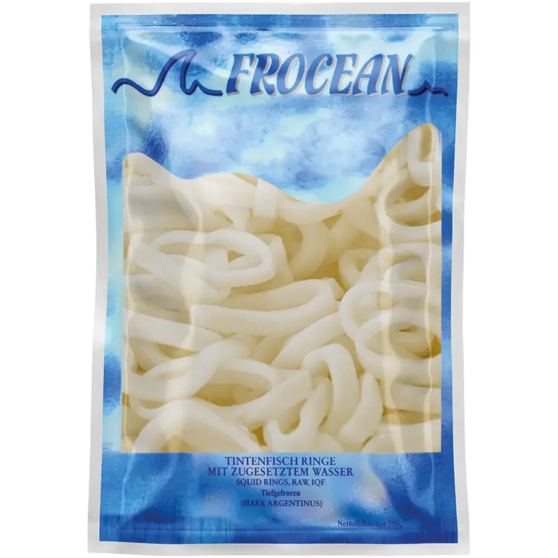 Pazifische Tintenfischringe, glasiert, roh, IQF, mit zugesetztem Wasser