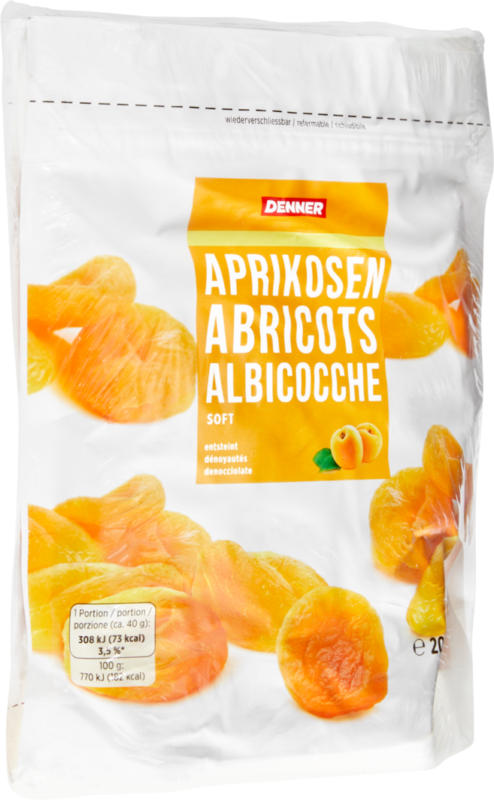 Abricots Denner, tendres, dénoyautés, 3 x 200 g
